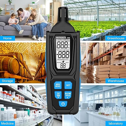 Temperature Humidity Meter, High Precision Digital Psychrometer Hygrometer with Dew Point, Wet Bulb Thermometer for Indoor Outdoor, 99 Data Storage, Temp Alarm, Backlight, MAX/MIN, Auto Shutdown