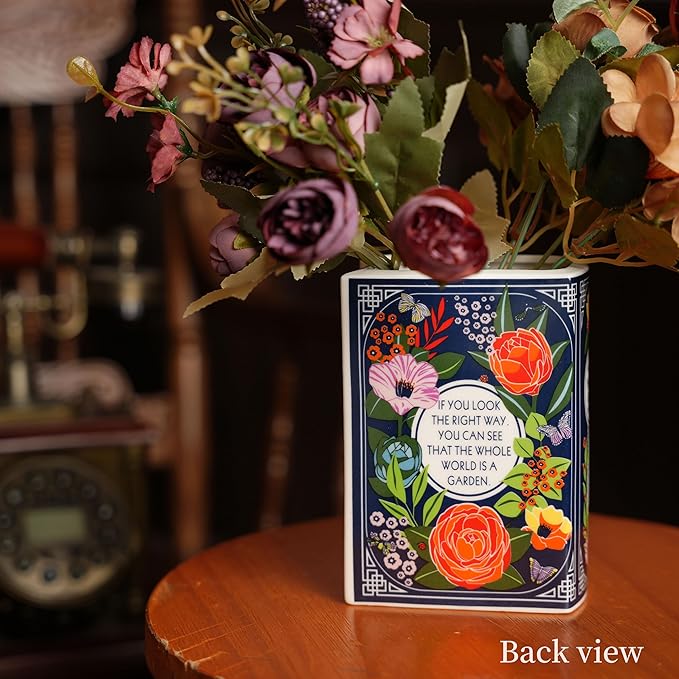 Ceramic Book Vase for Flowers, Home Decor, Cute Bookshelf Accent, Lovers Gifts, Unique Home/Bedroom/Office Decor (Small - Secret Garden)