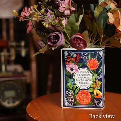 Ceramic Book Vase for Flowers, Home Decor, Cute Bookshelf Accent, Lovers Gifts, Unique Home/Bedroom/Office Decor (Small - Secret Garden)