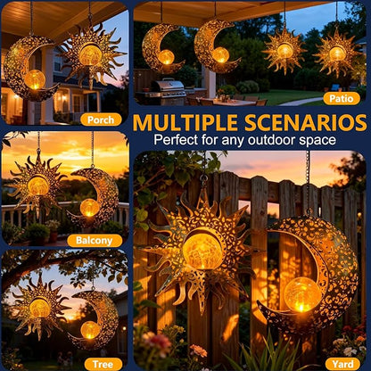Solar Hanging Sun and Moon Lights Garden Outside Decor,2 Pack Metal Lanterns Outdoor Sunflower Art Decorations for Porch Backyard Patio Wall Tree,Unique Gardening Gifts for Women Mom Grandma
