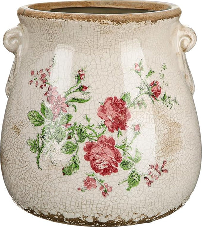 Ceramic Scroll Planter 6.5 Inch Chinoiserie Floral Vase with Drainage Holes Vintage Flower Vase Flower Pot Rustic Ceramic Pots for Indoor Plants Garden Home Bookshelf Decor (Pink Green)