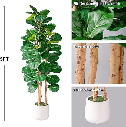 Artificial Fiddle Leaf Fig Tree 5FT, Faux Fig Tree Indoor with Natural Wood Trunk & Realistic Leaves with Moss Pot Fake Ficus Tree Large Faux Floor Plant for Living Room Home Decor, House Plant