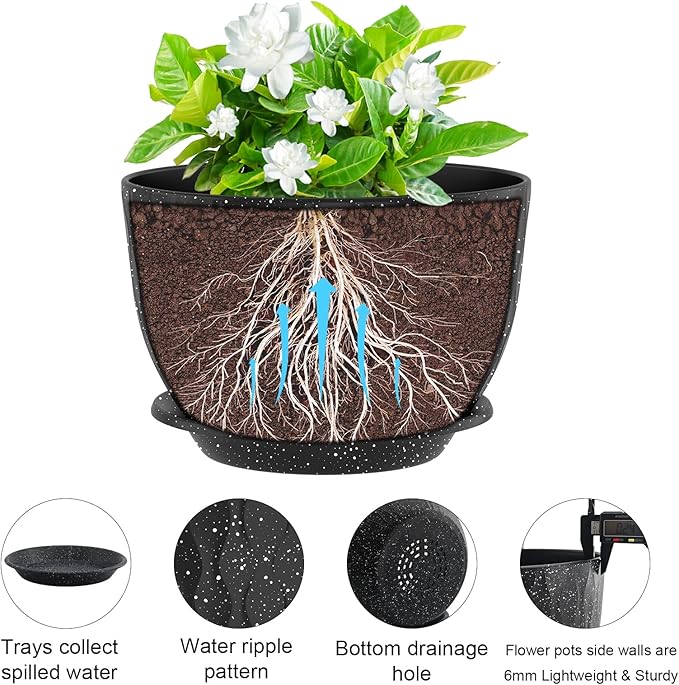 10 inch Large Plant Pots, Flower Pots with Multi-Mesh Drainage Holes and Saucer, Plastic Planters for Indoor and Outdoor Garden Plants (Speckled Black, 10")