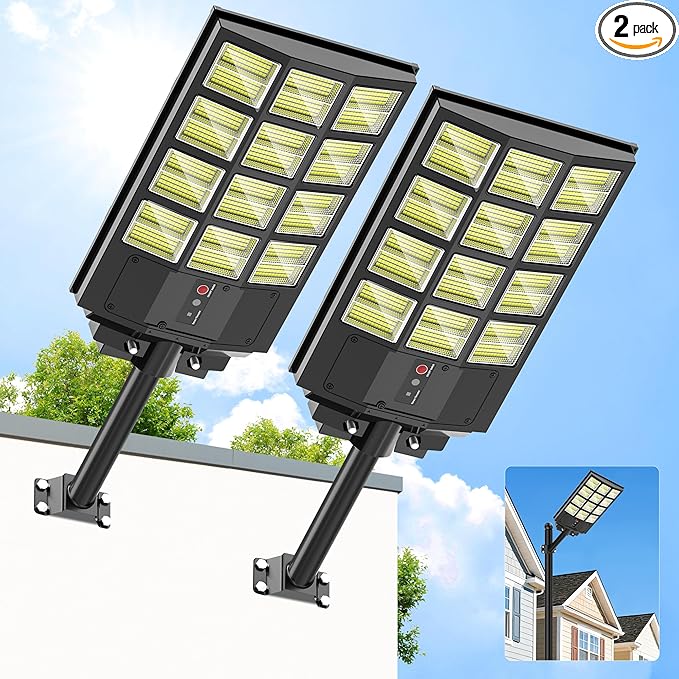 5000W Solar Street Light, Wide Angle Solar Lights Outdoor IP66 Waterproof, 6500K Dusk to Dawn, LED Security Flood Light with Motion Sensor and Remote Control for Residential Yard (2 Pack)