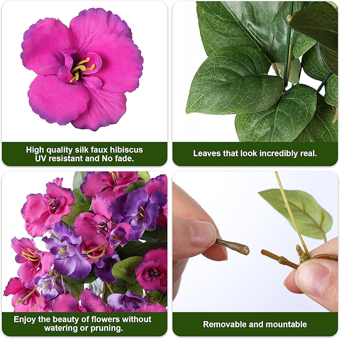 Fake Hibiscus Artificial Hanging Flowers Plants for Outdoors Spring Decoration, 2pcs Silk Hibiscus Vines Realistic UV Resistant Faux Flowers for Outside Planter Porch Patio Yard Wedding Party, Mix
