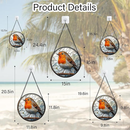 Stained Glass Window Hanging - Orange Grey Robin Sun Catcher for Door Garden Home Decor Bird Lovers Suncatcher Christmas Mother's Day Birthday Gifts for Women Men Mom Nana 9.8 in