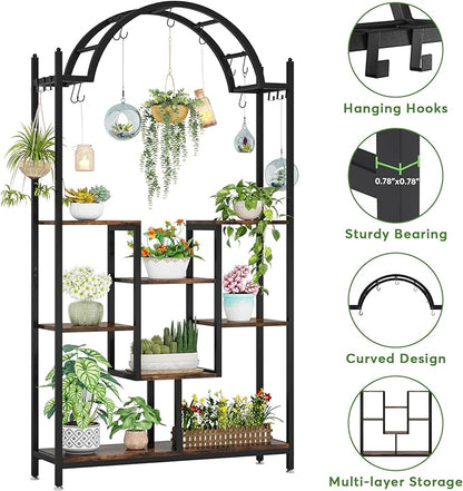 Tribesigns 5-Tier Tall Indoor Plant Stand, 74.8'' Arched Metal Flower Shelf with Hanging Hooks, Large Bonsai Pots Display Rack for Indoor, Balcony, Living Room