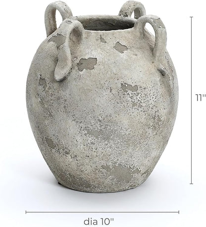 LuxenHome Rustic Ceramic Vase,11'' Gray and White Round Vase,Terracotta Large Flower Vases with Handles for Living Room Home Decor,Vintage Pottery Tall Vases Home Décor Accents