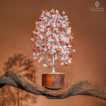 KARMAPLEDGE Healing Crystals Chakra Tree of Life for Positive Energy & Protection & Good Luck, Money, Feng Shui Decor for Home and Office Desk Decoration, Spiritual Gifts (Rose, Carnelian Dual Beads)