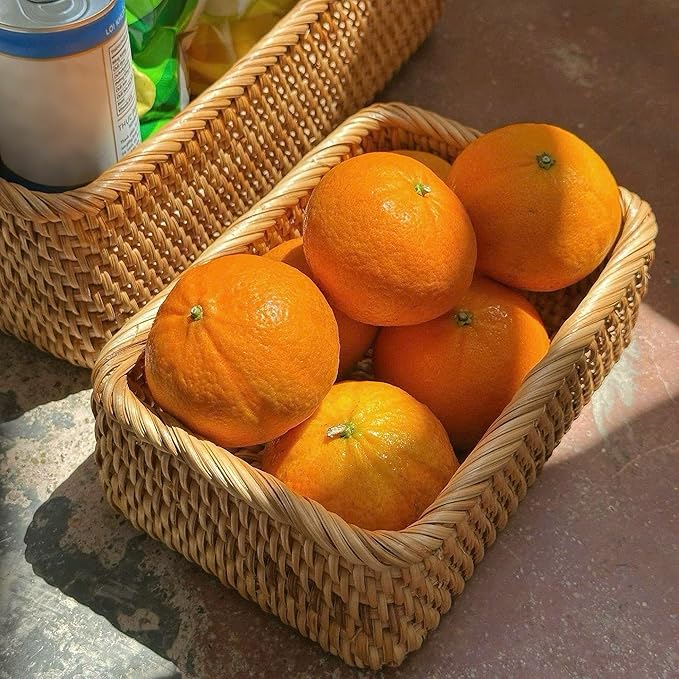 Natural Rattan Woven Baskets, Rectangular Wicker Basket for Organizing Living Room, Storage Bathroom, Kitchen Decor, Kitchen Storage, 3 Packs