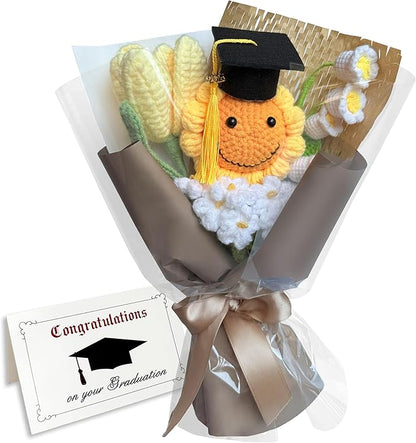 Graduation Gifts Sunflower Crochet Flowers Bouquet with Greeting Cards Handmade Knitted Artificial Flowers Home Decor