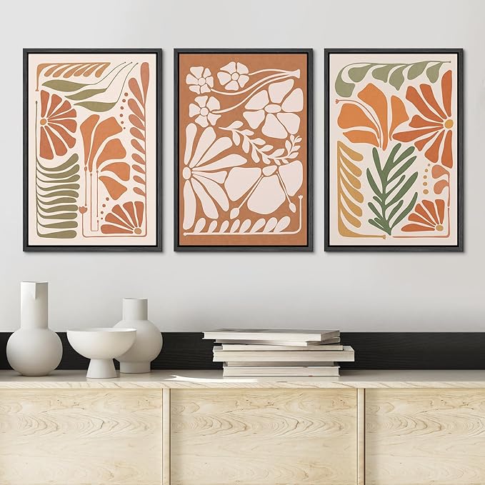 Ashbrook Framed Canvas Print Wall Art Set Mid-Century Modern Tropical Flowers Nature Wilderness Illustrations Modern Art Floral Botanical Minimal Calm/Relax/Cozy for Bedroom - 16"x24"x3 BLACK