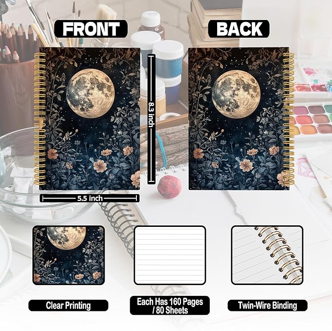 XPH Vintage Floral Moon Spiral Notebook, Dark Cottagecore Botanical Flower Journaling Notebooks for Women, Floral Aesthetic Hardcover Journals for Writing 160 Pages 5.5 x 8.3 Inch, Moon Gifts