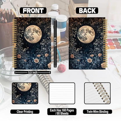 XPH Vintage Floral Moon Spiral Notebook, Dark Cottagecore Botanical Flower Journaling Notebooks for Women, Floral Aesthetic Hardcover Journals for Writing 160 Pages 5.5 x 8.3 Inch, Moon Gifts