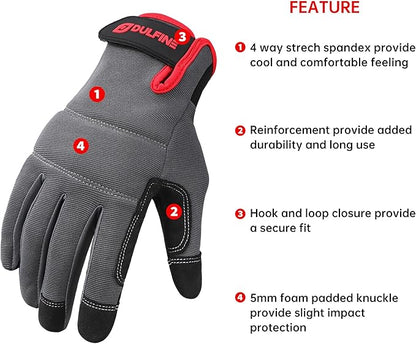 DULFINE Flex Grip Mechanic Work Gloves for Men,Black and Red Utility Safety Working Gloves Touch Screen,Excellent Grip,Ideal for Working on Cars and Outdoor Jobs(Medium)