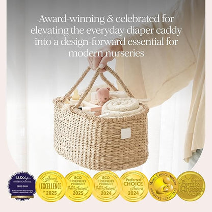 BEBE BASK Premium Baby Diaper Caddy Organizer - Artisan-Made Seagrass Basket With Cotton Divider - Award-Winning & Luxury Diaper Caddy Basket (ROSA)