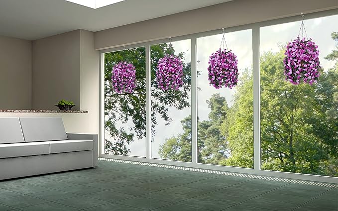 Artificial Flowers in Hanging Basket for Outdoors Indoors Decor, Artificial Mums Bush Flowers Plants with Baskets for Home Porch Garden Yard Patio Spring Summer Decoration (Purple Pink)