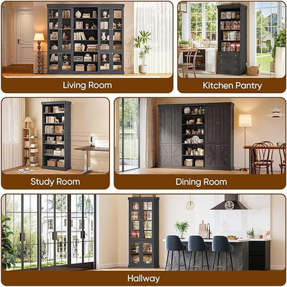 Vyre 70.8" Tall Black Bookshelf, Farmhouse Modular Bookcase with 6-Tier Adjustable Shelves, Large Storage Cabinet for Home Office, Living Room, Set of 4
