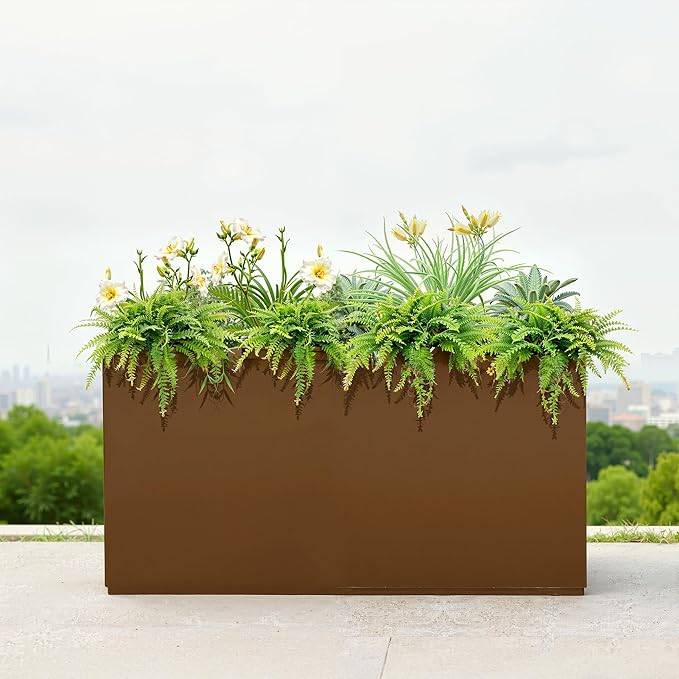 Metal Outdoor Planter Box, Rectangular Large Planters for Outdoor Plants with Drainage Holes for Patio, All-Weather Use, Rust-Resistance (38" L x 15" W x 16" H, Brown)