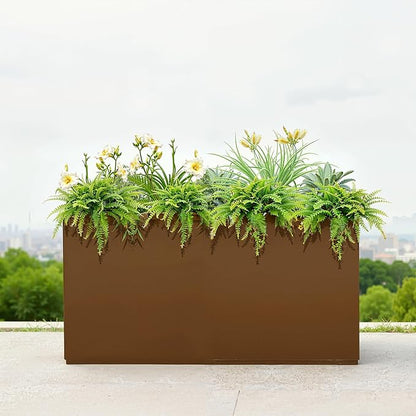 Metal Outdoor Planter Box, Rectangular Large Planters for Outdoor Plants with Drainage Holes for Patio, All-Weather Use, Rust-Resistance (38" L x 15" W x 16" H, Brown)