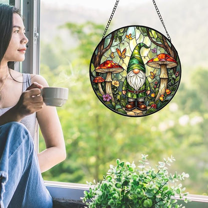 Stained Glass Window Hanging Suncatcher, Forest Gnome Sun Catcher with Mushroom & Butterfly, Stained Glass Home Decor Gift for Women Gardeners & Fantasy Lovers GN05