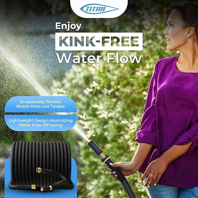 TITAN Garden Hose | Flexible, Lightweight, Kink-Free & Durable Hybrid Water Hose with Heavy Duty Brass Connectors & High-Pressure Jet Nozzle (50FT x 1/2”)