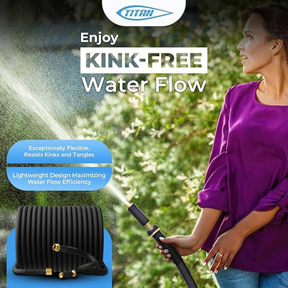 TITAN Garden Hose | Flexible, Lightweight, Kink-Free & Durable Hybrid Water Hose with Heavy Duty Brass Connectors & High-Pressure Jet Nozzle (25FT x 5/8”)