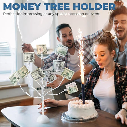 CraftyCrocodile LED Gift Card Tree Holder - Metal Display Stand with 10 Flexible Clips for Photos, Money, Lottery Tickets, Cards & Notes - 25 Warm Lights