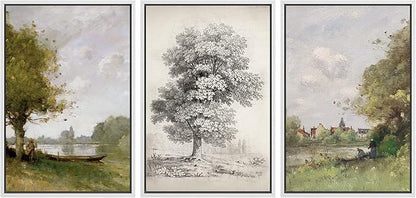 Ashbrook Framed Canvas Print Wall Art Set Forest Tree Field Nature Wilderness Illustration Fine Art Decorative Floral Botanical Garden Vintage for Living Room, Bedroom, Office - 16"x24"x3 White