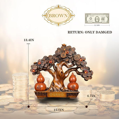 FENGSHUI-CAISHEN Top Resin Money Tree, Artificial Bonsai Tree, Handcrafted, Premium Quality, Feng Shui Gift for Abundance Luck and Success (Brown)