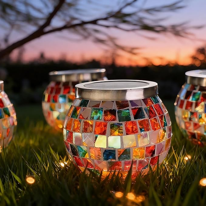 Cooo 6 Pack Landscape Lighting Path Lights Heavy Solar Mosaic Lantern with RGB Color-Changing Light – Dual Solar Panels, Red Amber Glass Tiles, Waterproof Outdoor Christmas Decorations