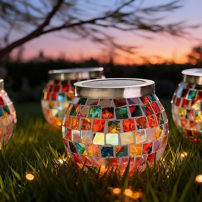 Cooo 6 Pack Landscape Lighting Path Lights Heavy Solar Mosaic Lantern with RGB Color-Changing Light – Dual Solar Panels, Red Amber Glass Tiles, Waterproof Outdoor Christmas Decorations