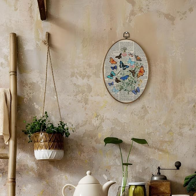 LKETW Vintage Butterfly Oval Wall Art Decor, Cottagecore Butterfly Floral Botanical Oval Canvas Hanging Decor, Retro Nature Moth Insect Wall Decorations for Home Bedroom Living Room, 8.6x11.4 Inch