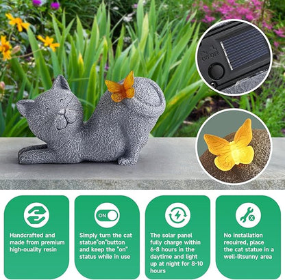 Solar Garden Statue with Glowing Butterfly, Outdoor Resin Cute Figurine with Solar Light, Waterproof Yard Decor for Patio, Lawn, Porch, and Unique Garden Gifts for Lovers (solar cat statue gray)