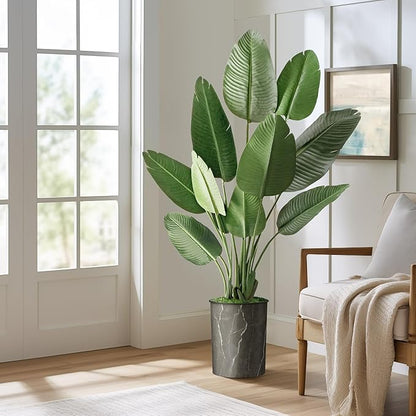 Artificial Tree in Modern Granite Effect Planter, Fake Bird of Paradise Silk Tree for Indoor and Outdoor Home Decoration - 58" Overall Tall (Plant Pot Plus Tree)