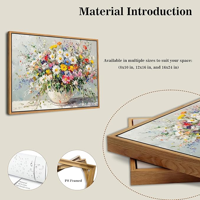 Floating Frame Canvas Wall Art, Vintage Watercolor Floral Pictures Wall Decor, Country Farmhouse Colorful Wildflower Poster Prints for Living Room Bathroom Dining Room Decor 12X16 inch
