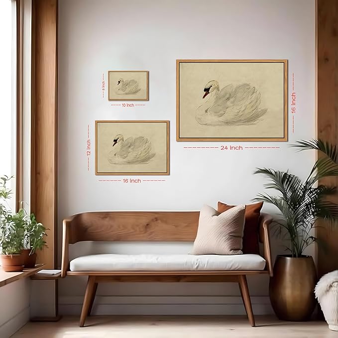 Floating Framed Vintage Wall Art Decor, Classical Swan Canvas Wall Prints, Rustic Sketch Watercolor Swan Poster Picture for Living Room Kitchen Bedroom Bathroom Farmhouse Decor 8x10 inch