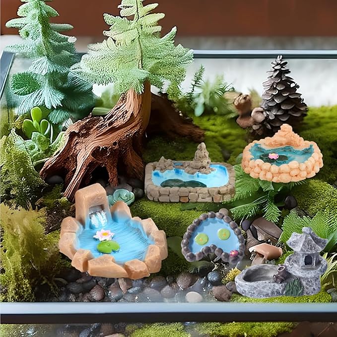 4 Pcs Miniature Pond Landscape Terrarium Decor – Vintage Micro Fairy Garden, Chinese Style Ornaments with Realistic Design for Dollhouse, Tabletop DIY Scene, Fish Tank, and Tiny Garden Figurines