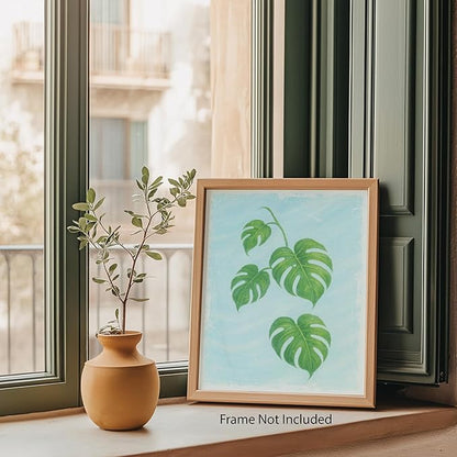 ZUKIY Monstera Botanical Hanging Print - Magnetic Wood Poster Hanger - Unframed 8x10 Poster for Modern Wall Decor - Minimalist Tropical Plant Art for Home Office Studio or Classroom Walls