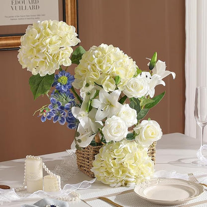 3Pcs Hydrangea Artificial Flowers, 22.44" Real Touch Latex Faux Hydrangea with Long Stems & Leaves for Home Office Decor or Wedding, Party, Centerpieces, Floral Arrangements (Cream White)