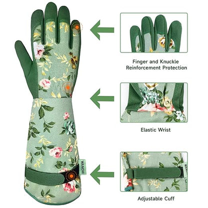 Gardening Gloves for Women, Comfortable Floral Long Sleeve Garden Gloves for Gardening and Outdoor Work, Durable Leather Long Gardening Gloves, Great Gift Ideas for Ladies, Green Print (Large)