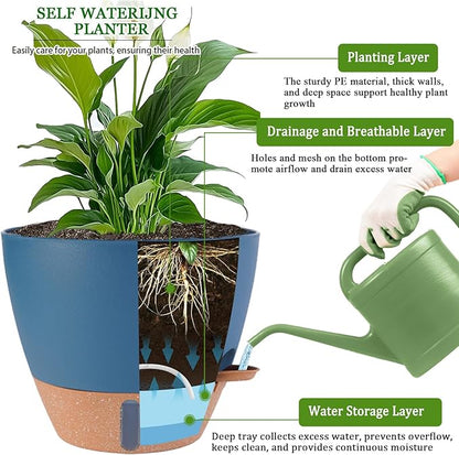 2 Pack 10 inch Plant Pots, Plastic Self Watering Planters with Drainage Holes, Deep Reservoir, Water Level Indicator, Modern Decorative Flower Pots for Indoor Outdoor Plants (Navy Blue, 10 inch)