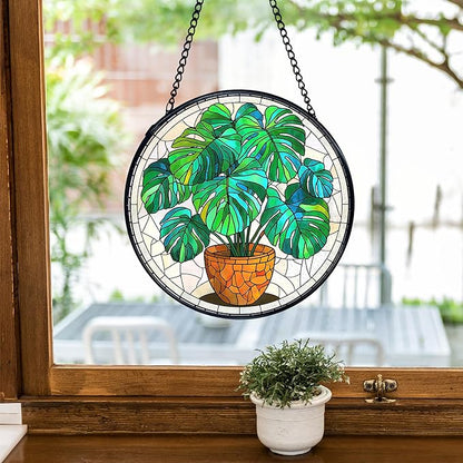 TNUW Monstera Plant Stained Glass Window Hanging, Monstera Leaf Decor Sun Catchers Indoor Window Glass Round Wall Art Decor, Plant Lovers Gifts Wall Hanging Decorations, 7.9＂x7.9＂Green Patio，Lawn,