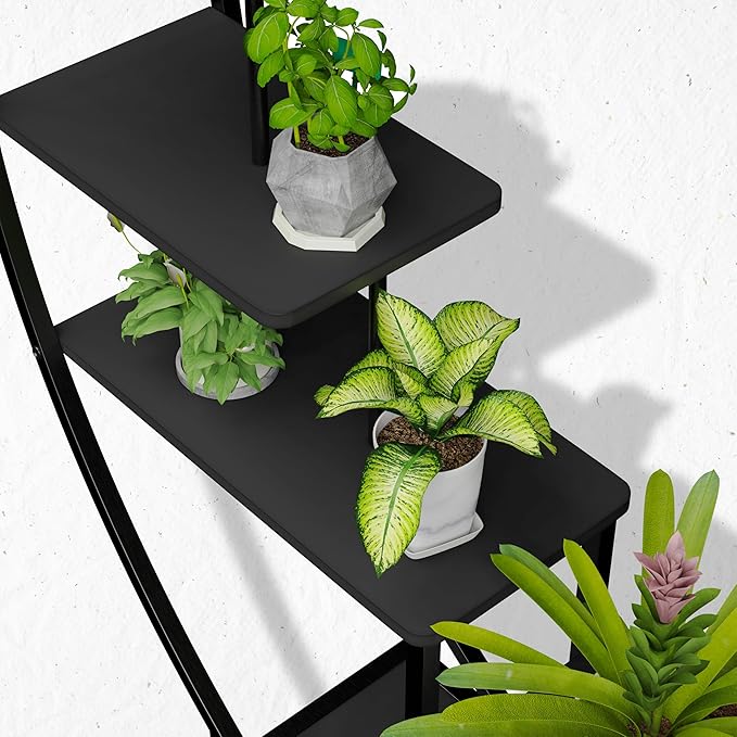 JACK&JULIA Plant Stand, Moon 5 Tier Tall Metal Plant Shelf with 3 Hooks, Large Curved Shape Rack Plant Holder for Living Room, Garden, Patio, Balcony