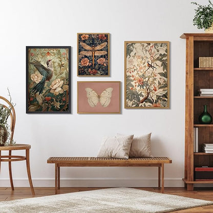 CAZLOUC Vintage Neutral Botanical Wall Art, Retro Beige Green Wall Decor, Garden Bird Floral Canvas Artwork, Classic Botanical Nature Poster Print for Living Room Bedroom Wood Framed 8x10 Inch