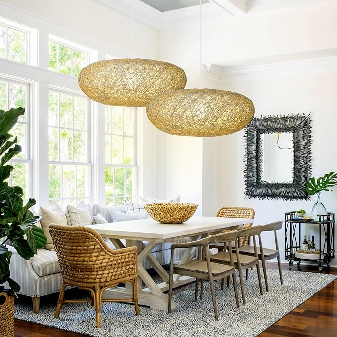 Arturesthome Round Rattan Pendant Lights, Boho Wicker Chandelier Basket Lighting Fixture, Large Natural Woven Hanging Lamp for Kitchen Island