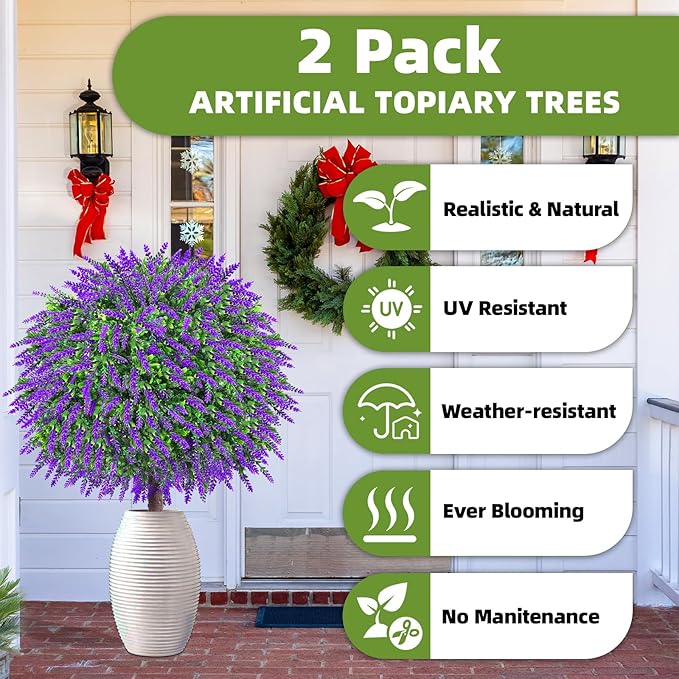 27.5" Artificial Lavender Boxwood Topiary Ball Trees, Set of 2 Fake Shrubs Bushes with Ground Spike, UV Resistant Faux Evergreen Tree for Front Porch Outdoor Garden Decor