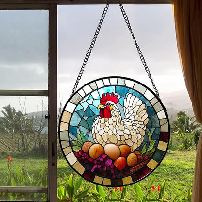 Stained Glass Window Hanging White Chicken Hatching Eggs 6.3" - Suncatcher Door Garden Sunroom Sun Catcher Home Decor Birthday Christmas for Mom Men Woman Nana