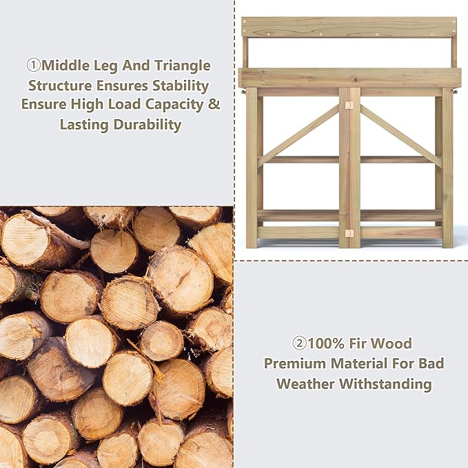 S AFSTAR Garden Potting Bench, Gardening Work Station Table with 2 Storage Shelves, Fir Wood Structure & Metal Tabletop, Garden Table Potting Benches for Outside, Backyard & Balcony