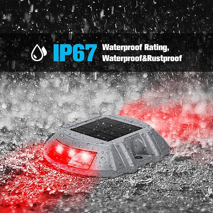 VOLISUN Christmas Solar Deck Lights Driveway Dock Lights, 4-Pack Led IP67 Waterproof Outdoor Warning Step Light for Driveway Sidewalk Garden Pathway Yard(Red)